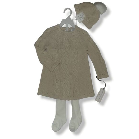 NWT Cupcakes & Cashmere Baby Girl 3pc Sweater Dress Set Oatmeal Bow Knit 24M - Picture 2 of 8